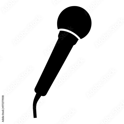 Sleek black microphone icon isolated on a white background, angled view