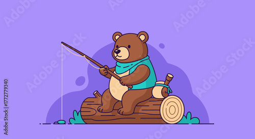Charming bear cartoon illustration enjoying a peaceful day fishing on a log near a honey jar