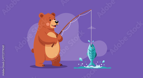 A whimsical illustration of a bear fishing, catching a fish in a simplistic and charming style