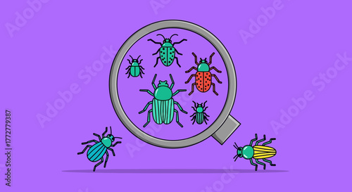 Illustration of diverse beetles under a magnifying glass on a lavender background