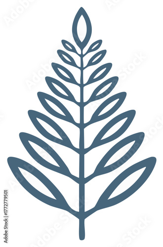 Stylized blue fern frond silhouette with abstract leaf shapes and clean lines