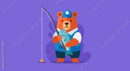 Cartoon bear fisherman proudly displaying his catch with fishing rod on a flat purple background