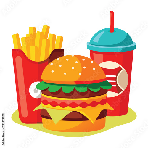 An illustration of various burger and fast-food items
