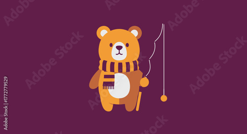 Whimsical cartoon bear with fishing rod illustration on rich purple background offering playful