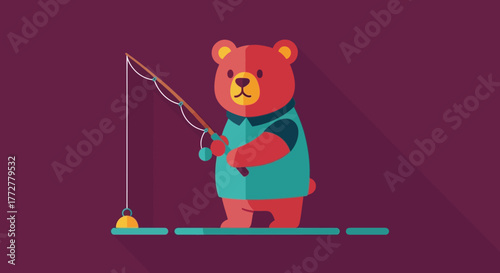 Whimsical bear fishing adventure, flat vector art with vibrant hues and adorable creature, perfect