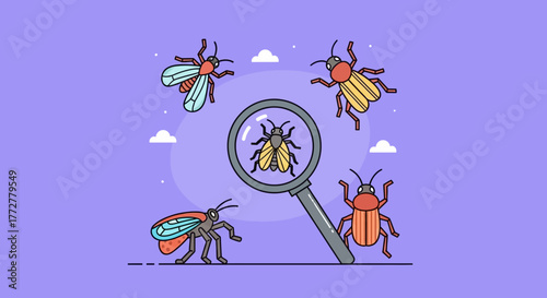 Illustration of insect inspection with magnifying glass, pest control and study of entomology, on