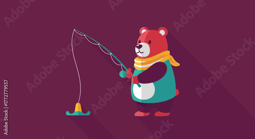 Whimsical illustration of a bear enjoying a peaceful fishing trip in a vibrant style