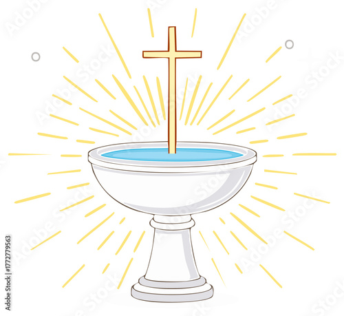 Christian Baptismal Font with Holy Water and a Glowing Cross Illustration