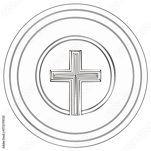 Holy Communion host with a Christian cross symbol black and white line art illustration