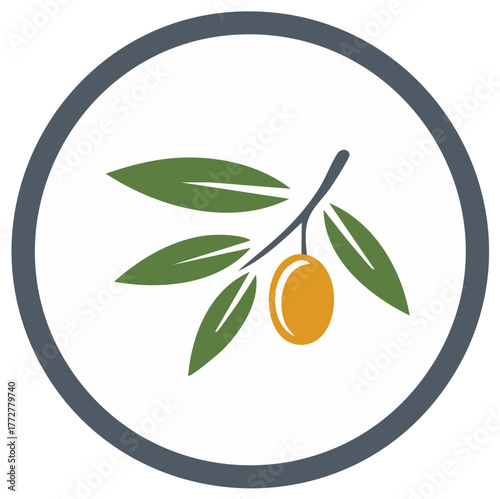 Stylized Olive Branch Design within a Gray Circle for Agriculture or Mediterranean Themes