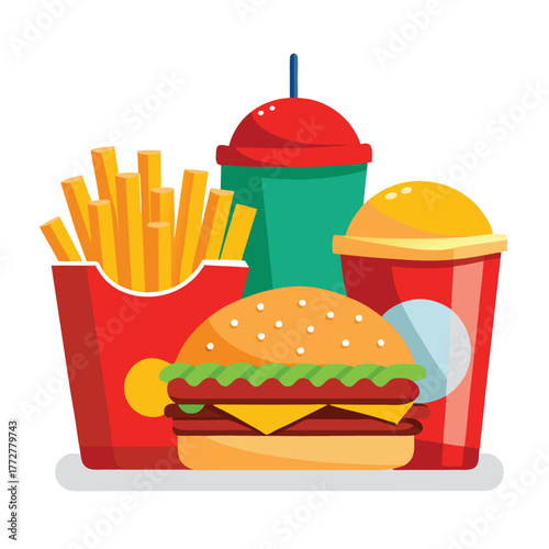 An illustration of various burger and fast-food items
