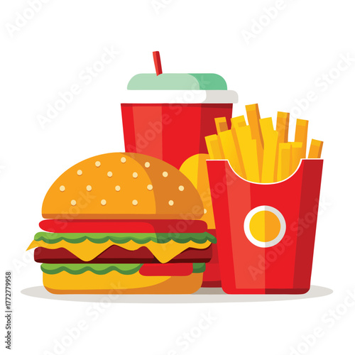 An illustration of various burger and fast-food items
