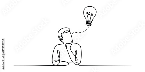 Single line drawing of a person contemplating a bright idea lightbulb above their head vector