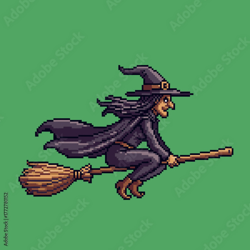 Pixel art illustration of a classic witch with a pointy hat and black cloak flying on a broomstick against a solid green background.