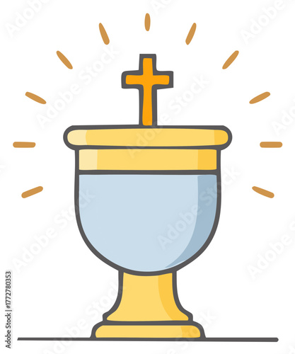 Golden chalice with shining cross illustration representing faith hope and sacraments in religious setting with communion vessel