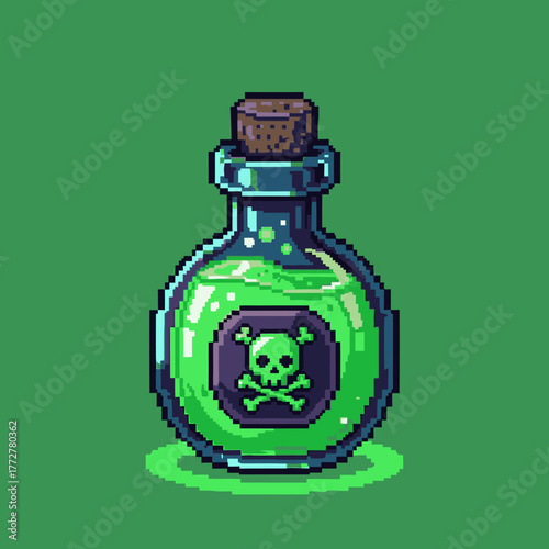 A pixel art illustration of a glass bottle filled with bubbling green poison and a skull and crossbones label.