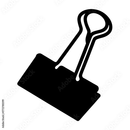 Black silhouette of binder clip office supply icon, Simple black icon of a metal binder clip, symbolizing office organization, stationery, paper management, and document binding tools.
