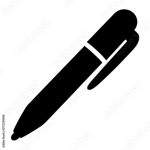 Black pen with cap resting on a white background graphic image