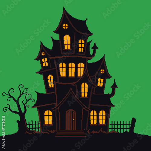 A spooky haunted house with glowing yellow windows and a bare tree against a solid green background.