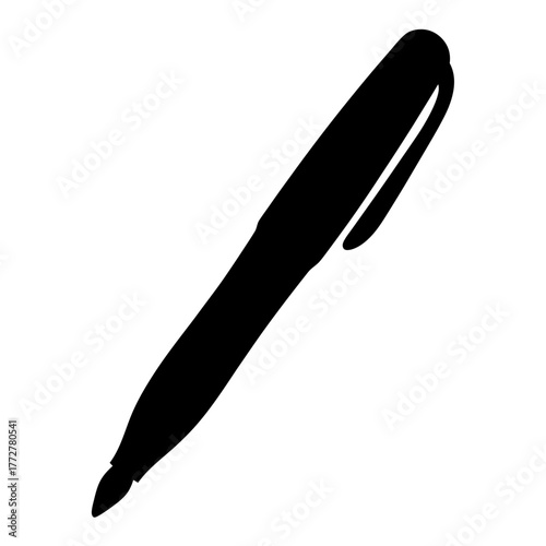 Black silhouette of ballpoint pen icon, Simple black icon of a ballpoint pen with a clip, symbolizing writing, office work, stationery, note-taking, and everyday tools.

