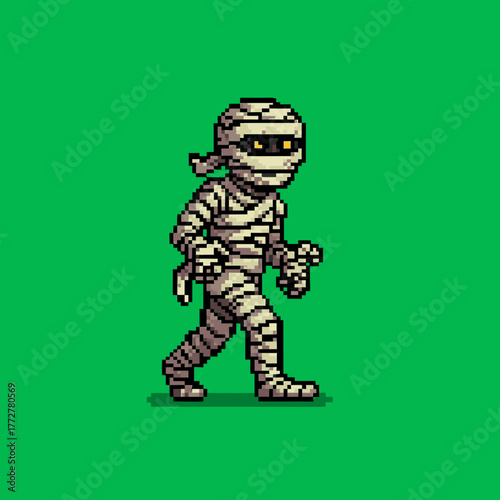 A pixel art animation of a classic bandaged mummy character walking against a solid green screen background, suitable for video games or digital art.