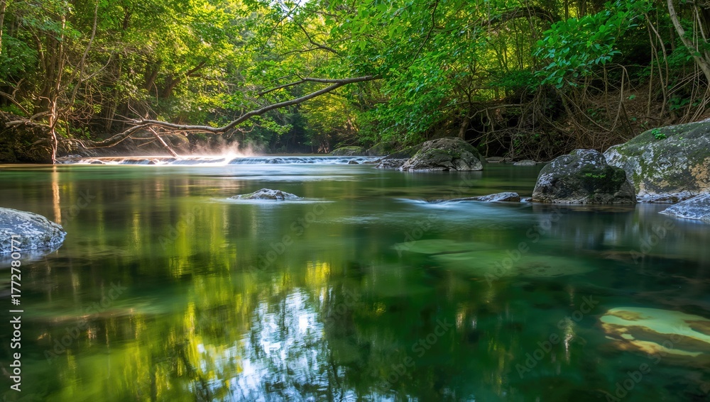 Obraz premium Creeks in lush forested landscape, showcasing natural water flow, erosion risk