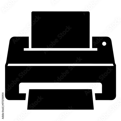 A bold silhouette representation of a printer with a document inside