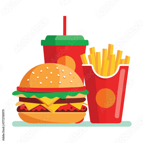 An illustration of various burger and fast-food items