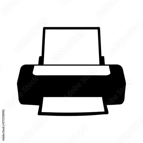 Simple black and white printer icon with sheets of blank paper