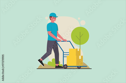 Courier Worker Pushing Hand Truck with Boxes – Delivery and Logistics Service Illustration