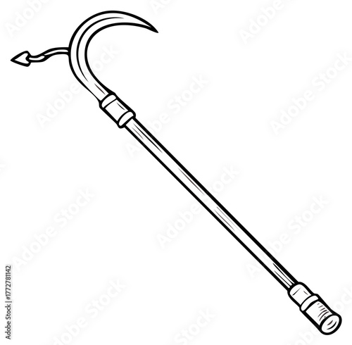 Hand-drawn illustration of a traditional curved farming tool with a long handle