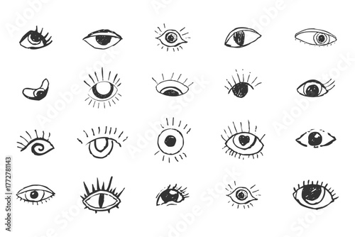 Eyes Crazy collection doodle black eyes. Open eye creative human parts of faces elements, various opened eyes. Black ink vision icon, hand drawn grunge ophthalmologist symbol, drawn charcoal eyes