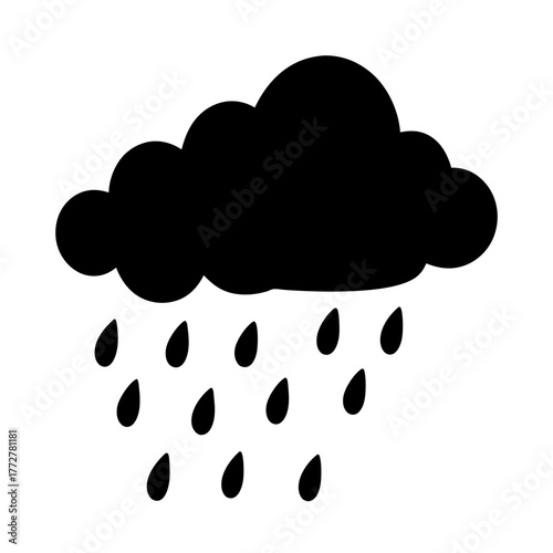 Simple black cloud raining illustration on a white background represents weather