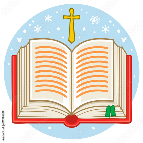 Open book illustration featuring cross and snowflakes for religious themed winter season concept