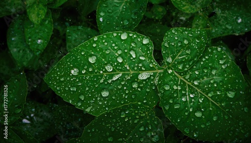 Drops of rain on lush foliage