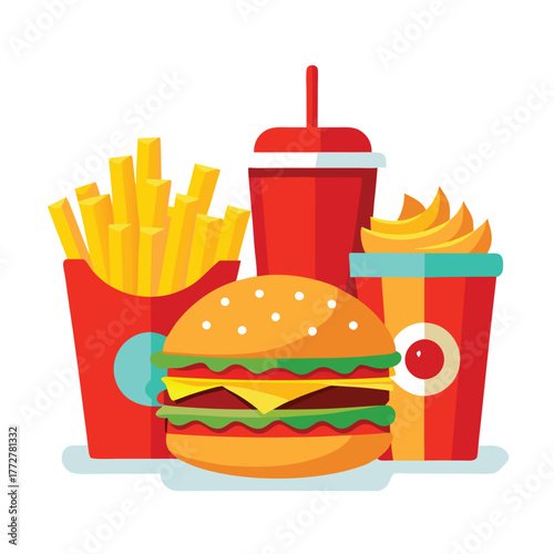 An illustration of various burger and fast-food items