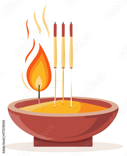 Traditional Asian religious offering with burning joss sticks and candle in a censer