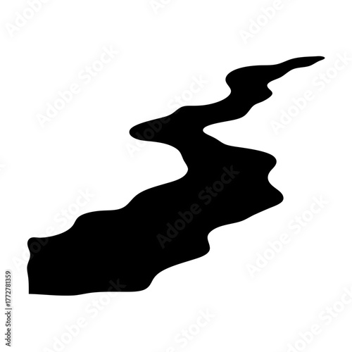 A winding black river on white background, artistic graphic representation for ideas