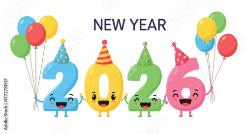 Festive new year 2026 illustration with colorful balloons and happy numbers