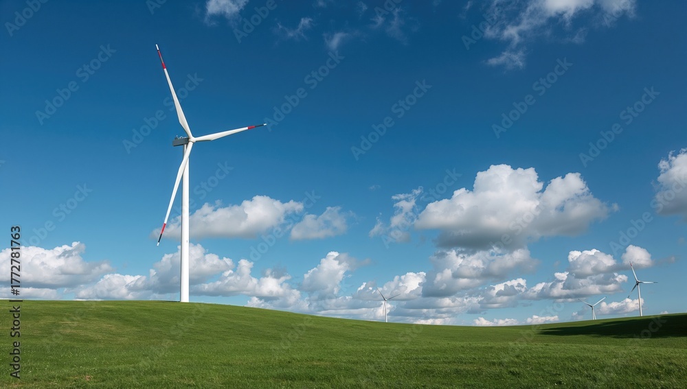 Fototapeta premium Electricity power wind turbine pole set against a clear blue sky, efficiency