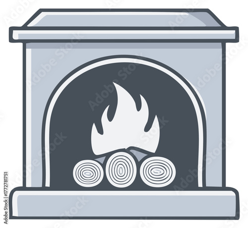 Cozy cartoon fireplace with logs burning brightly and warm inviting flames