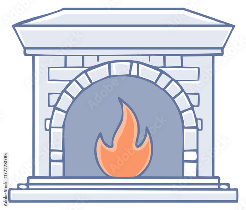 Cozy stone fireplace with a burning fire, cartoon vector illustration