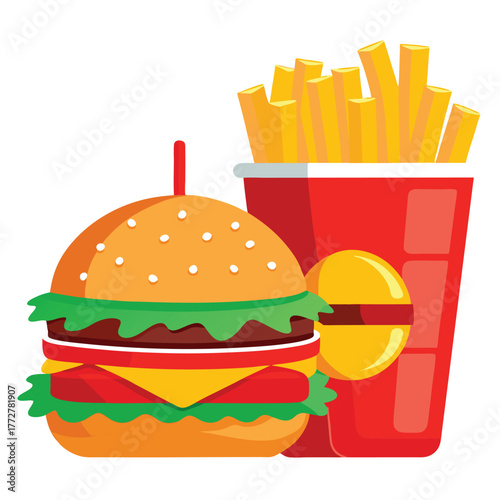 An illustration of various burger and fast-food items