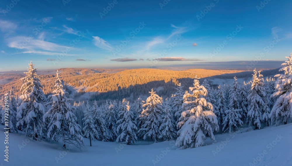 Naklejka premium Snow-covered forest with trees on a sunny winter day, showcasing seasonal change