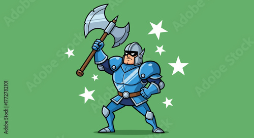 The valiant blue knight wielding axe triumphantly among celestial stars illustration