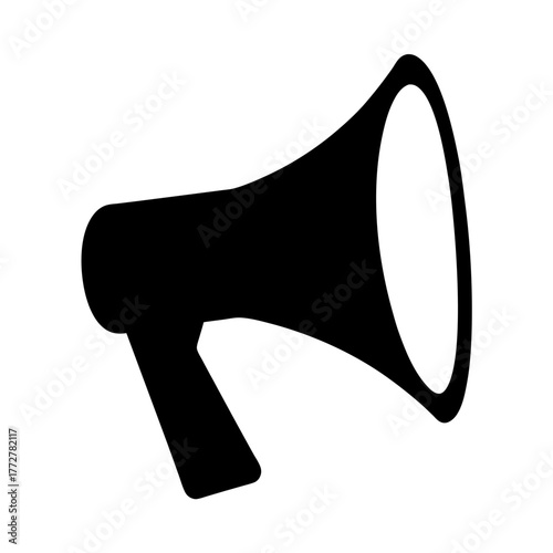 Black silhouette of megaphone or loudspeaker icon, Simple black icon of a megaphone, representing announcements, public speaking, alerts, communication, marketing, or amplification of voice.
