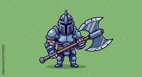 Cartoon armored knight with a double-bladed axe, standing heroically on a neutral backdrop
