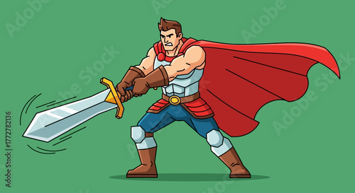 Cartoon hero wielding a gleaming sword with unwavering resolve and commanding presence and bravery