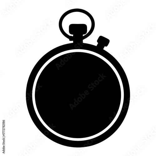 Black silhouette of stopwatch or timer icon, Simple black icon of a classic stopwatch, representing time tracking, countdowns, sports timing, speed, or punctuality in minimal style.
