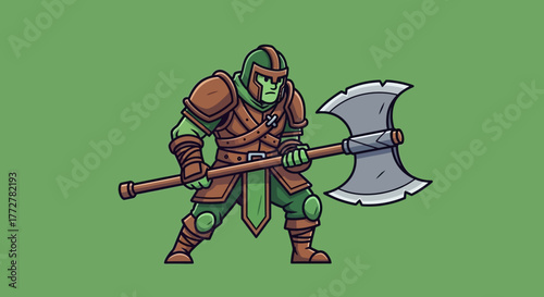 Cartoon illustration of a determined green warrior wielding a massive axe ready for battle